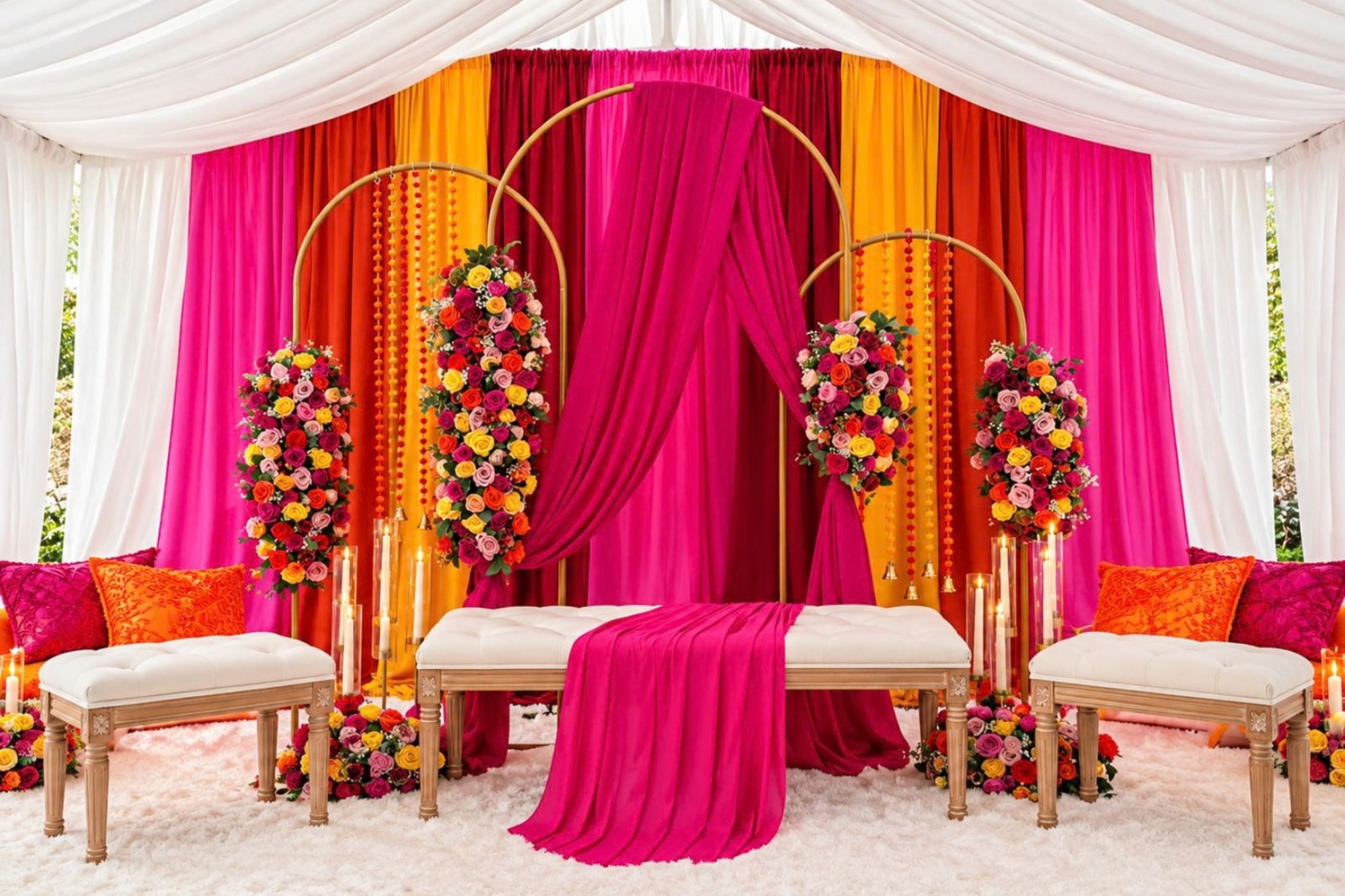Pink floral stage with gold hoops, draping and coordinated seating.