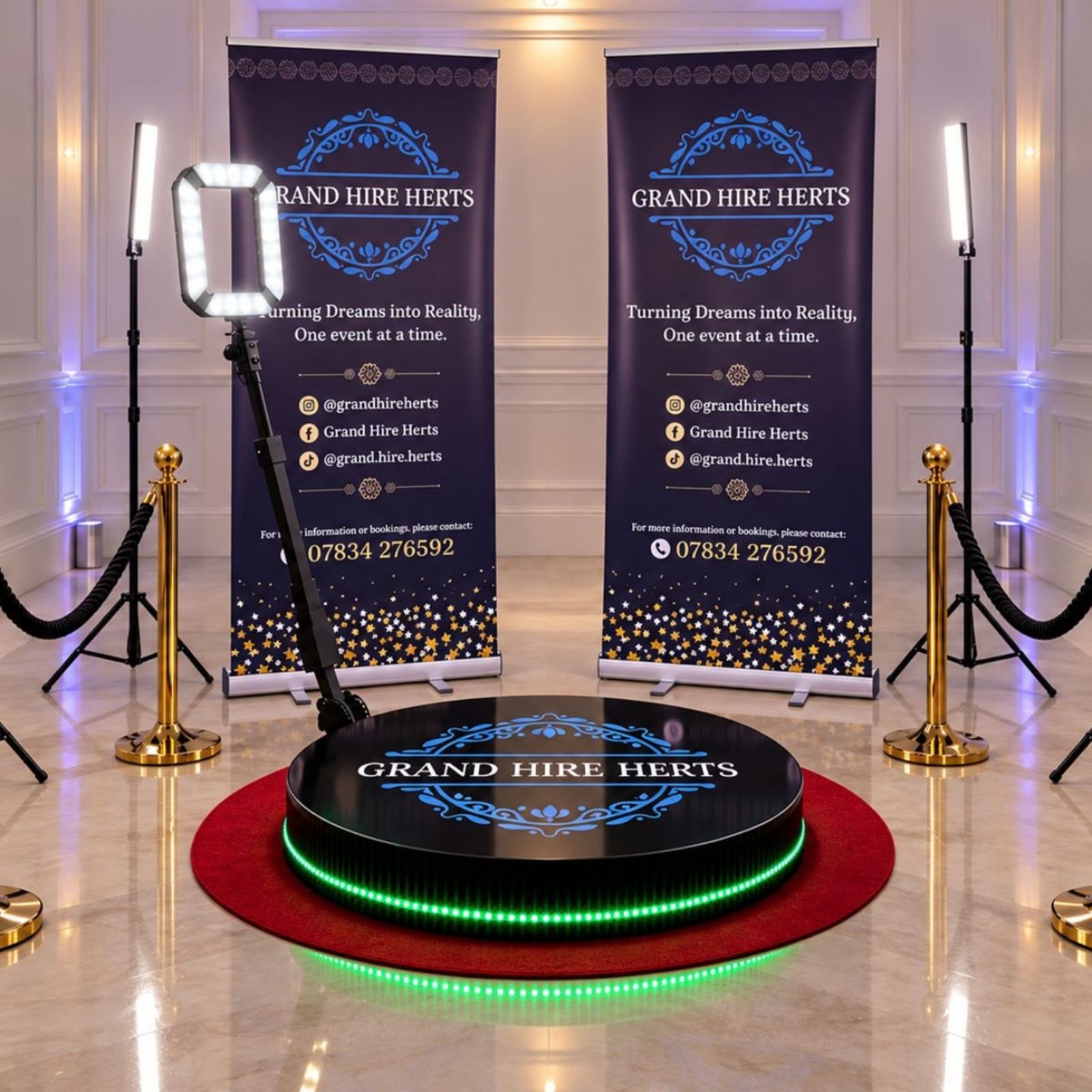 Grand Hire Herts 360 video booth with lighting and velvet barriers.