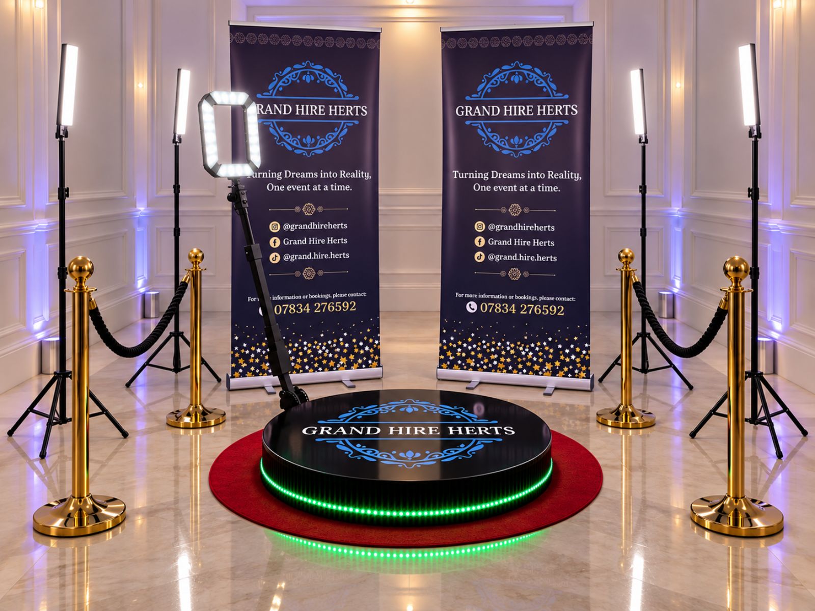 Grand Hire Herts 360 video booth with lighting and branded backdrops.