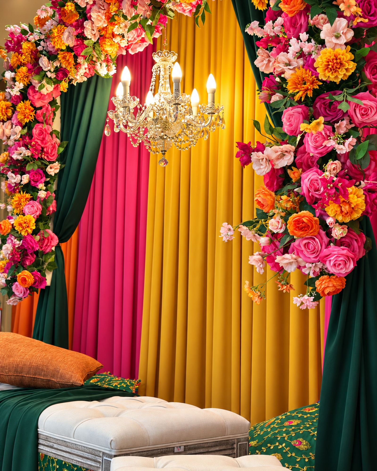 Close view of colourful floral Mehndi stage styling.