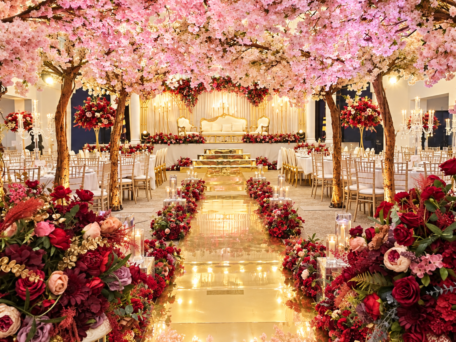 Wedding aisle lined with flowers beneath pink blossom trees.