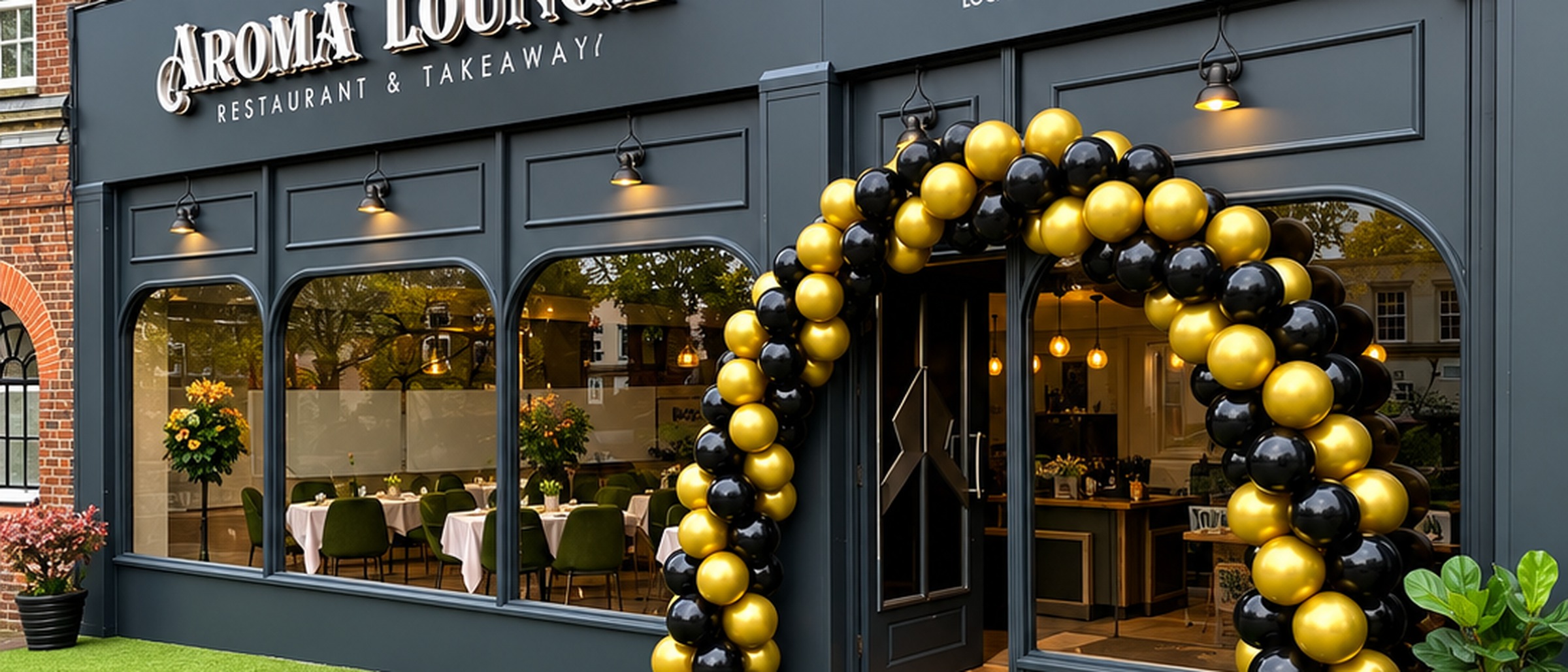 Black and gold balloon arch arranged outside a business entrance.