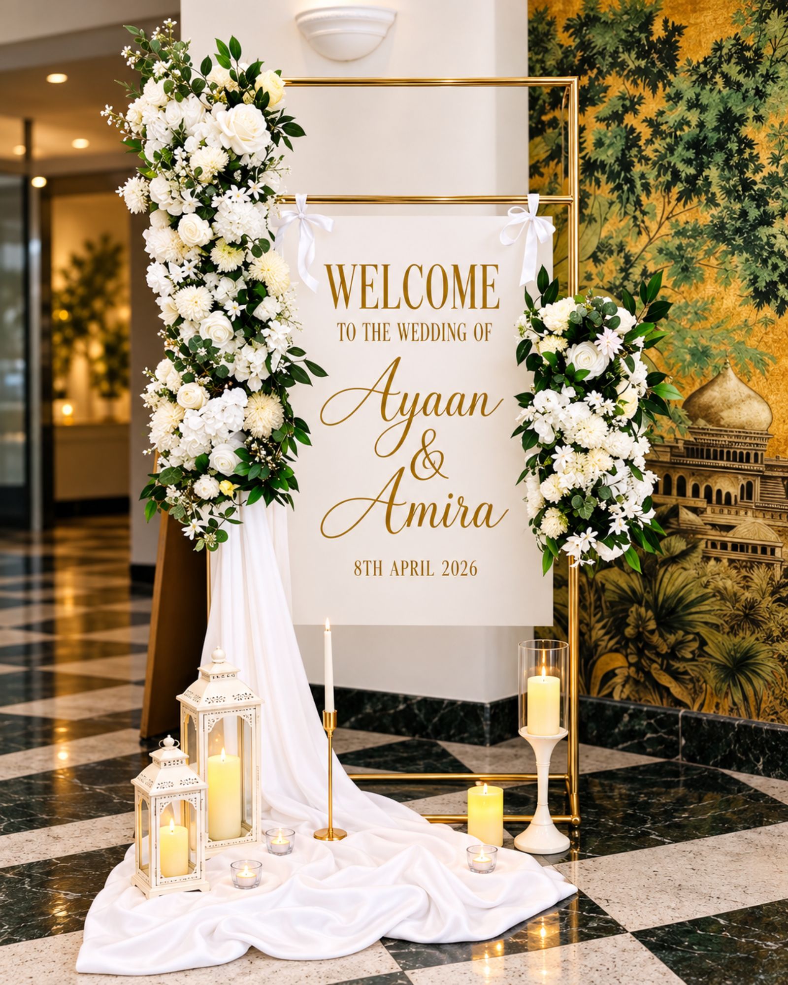 Floral wedding welcome display arranged with white draping, lanterns and candles.