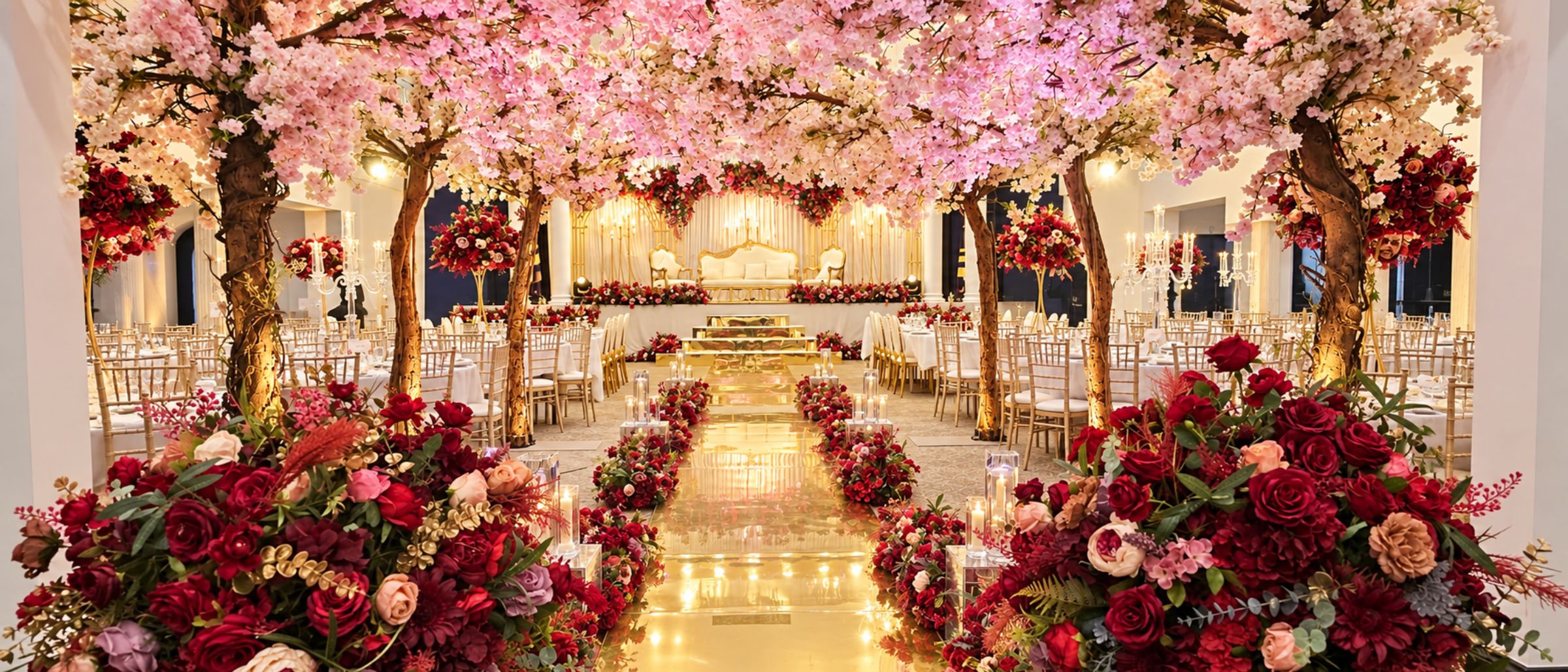 Wedding aisle framed by pink blossom trees and floral arrangements.