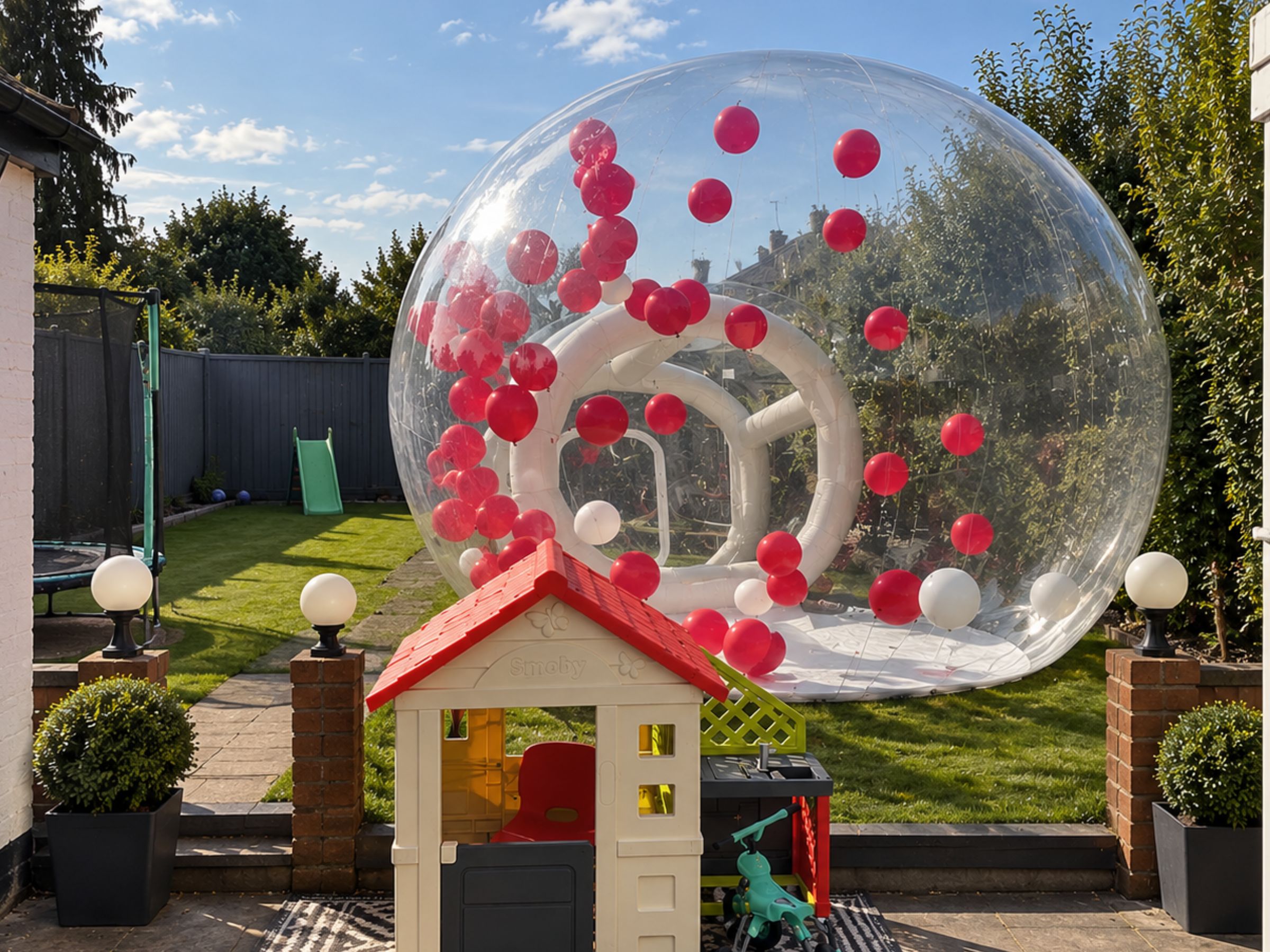 Transparent bubble house filled with red, white and black balloons.