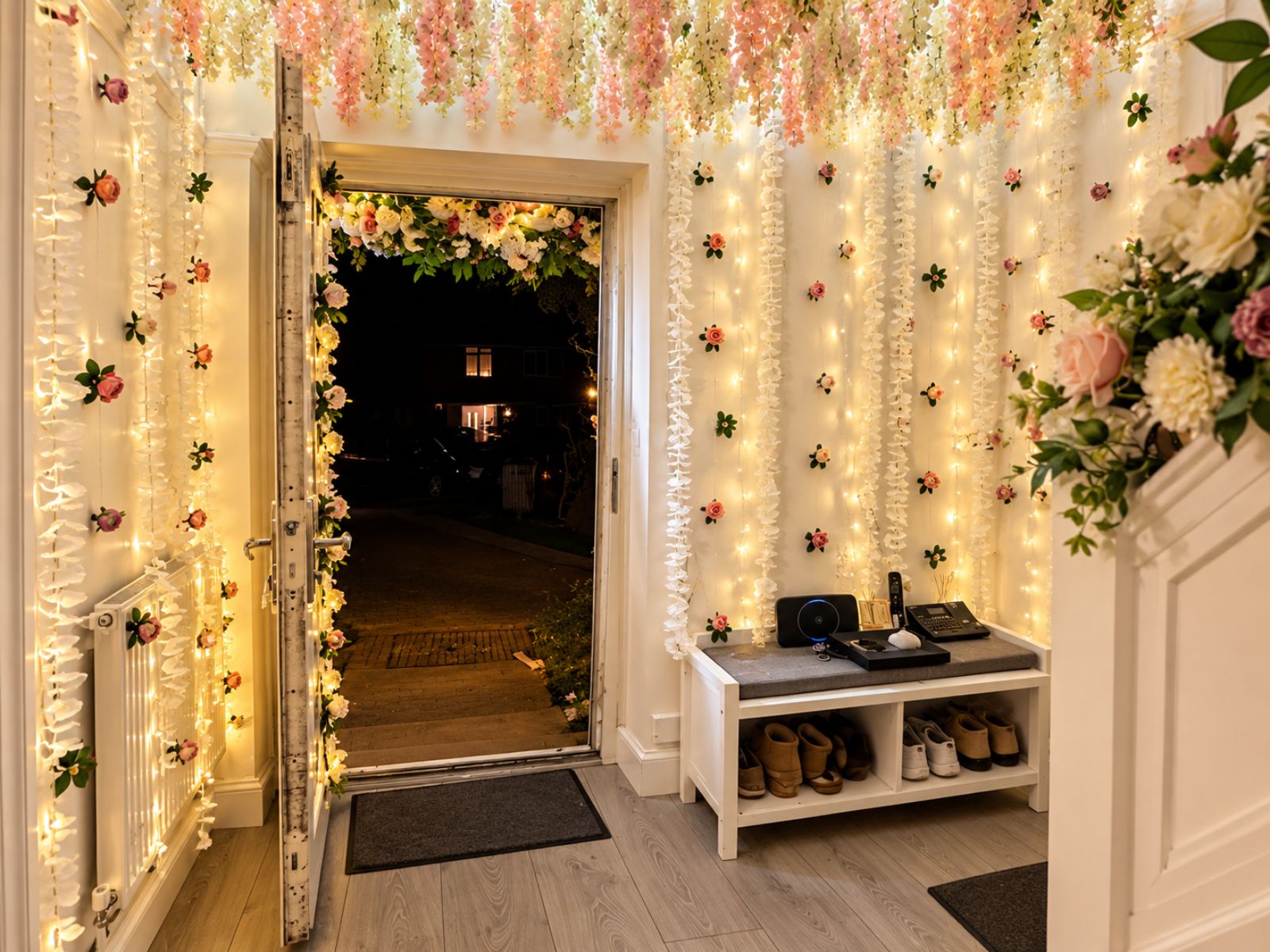 Home hallway decorated with hanging flowers, greenery and warm lights.