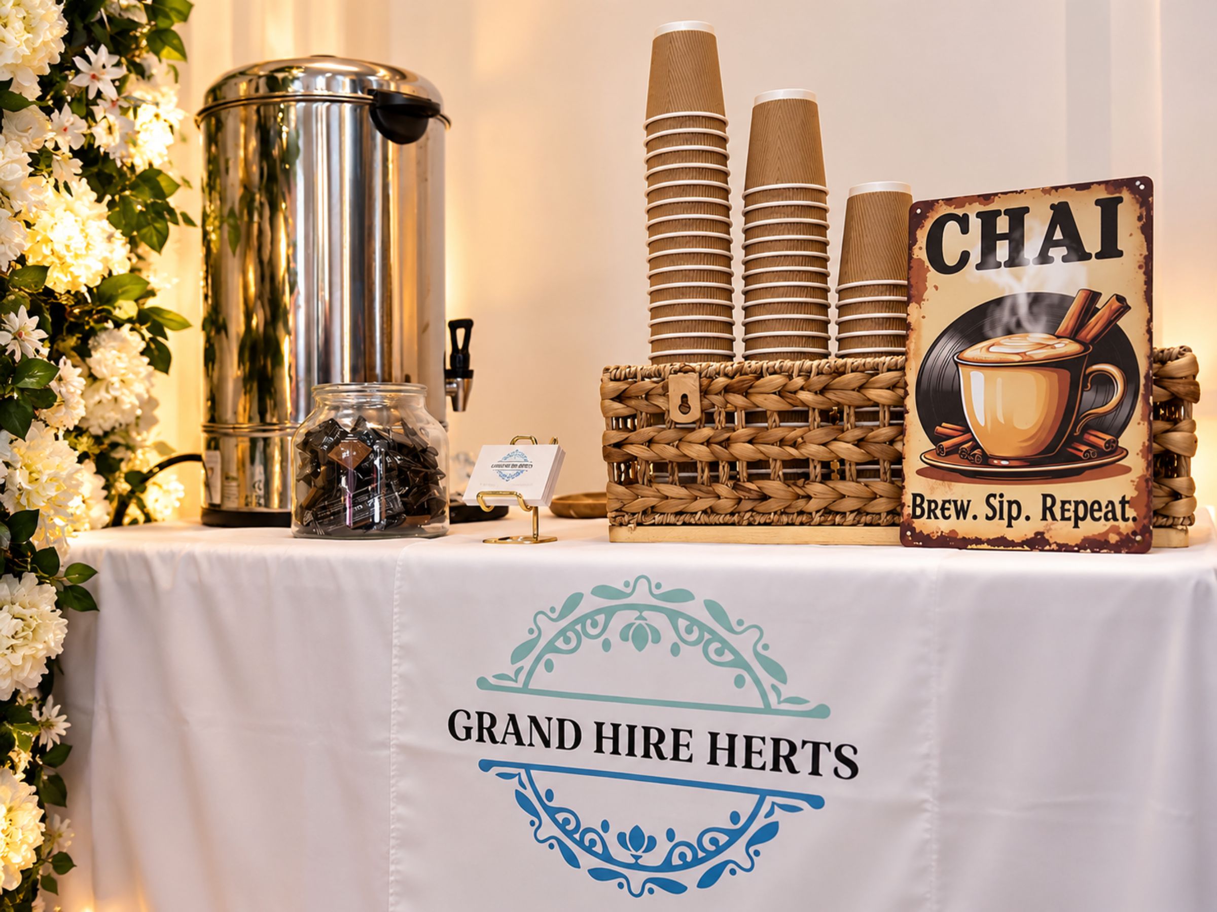Karak chai station arranged with an urn, cups and a branded tablecloth.