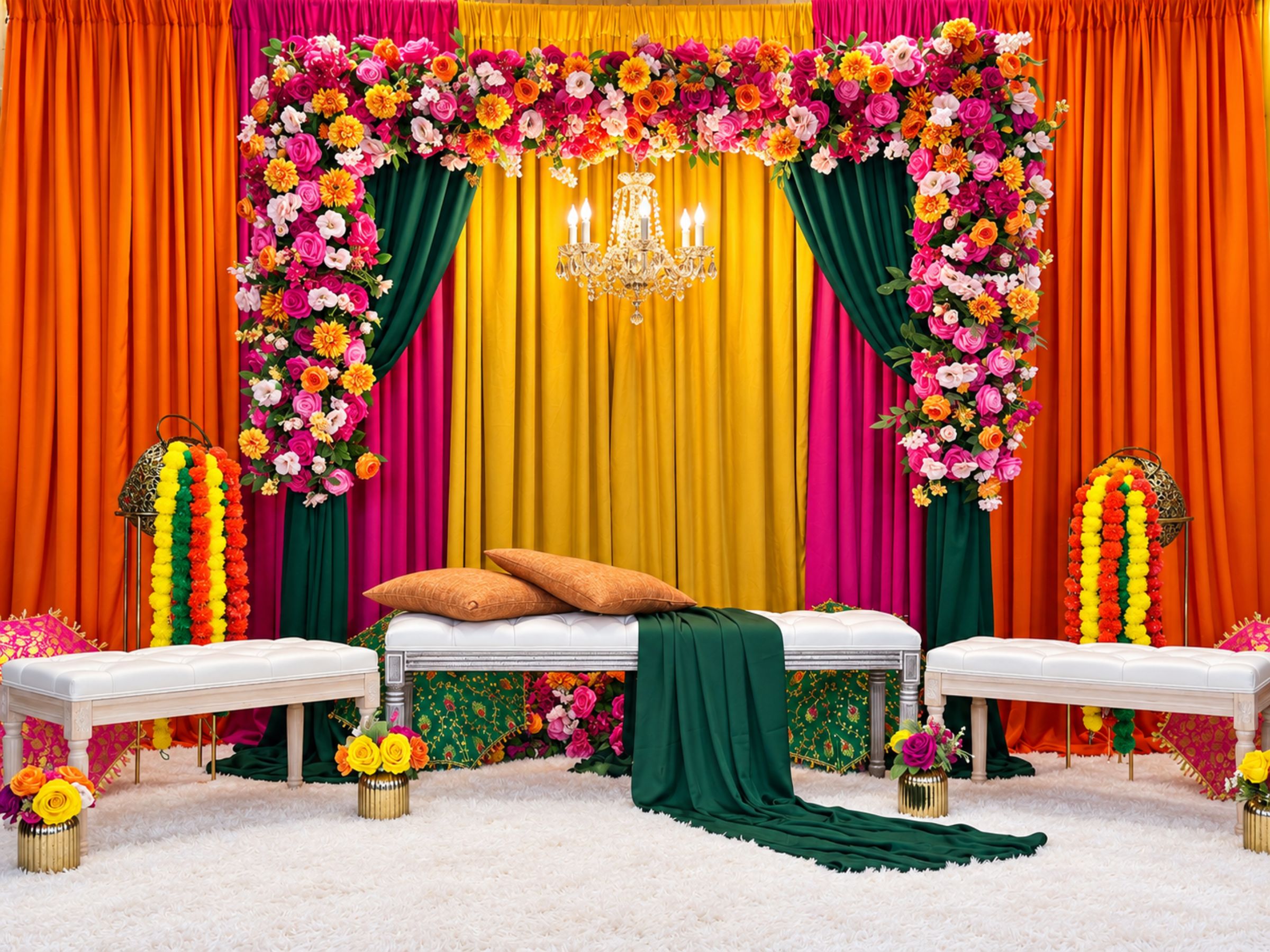 Colourful floral stage with orange drapes, chandelier and white seating.