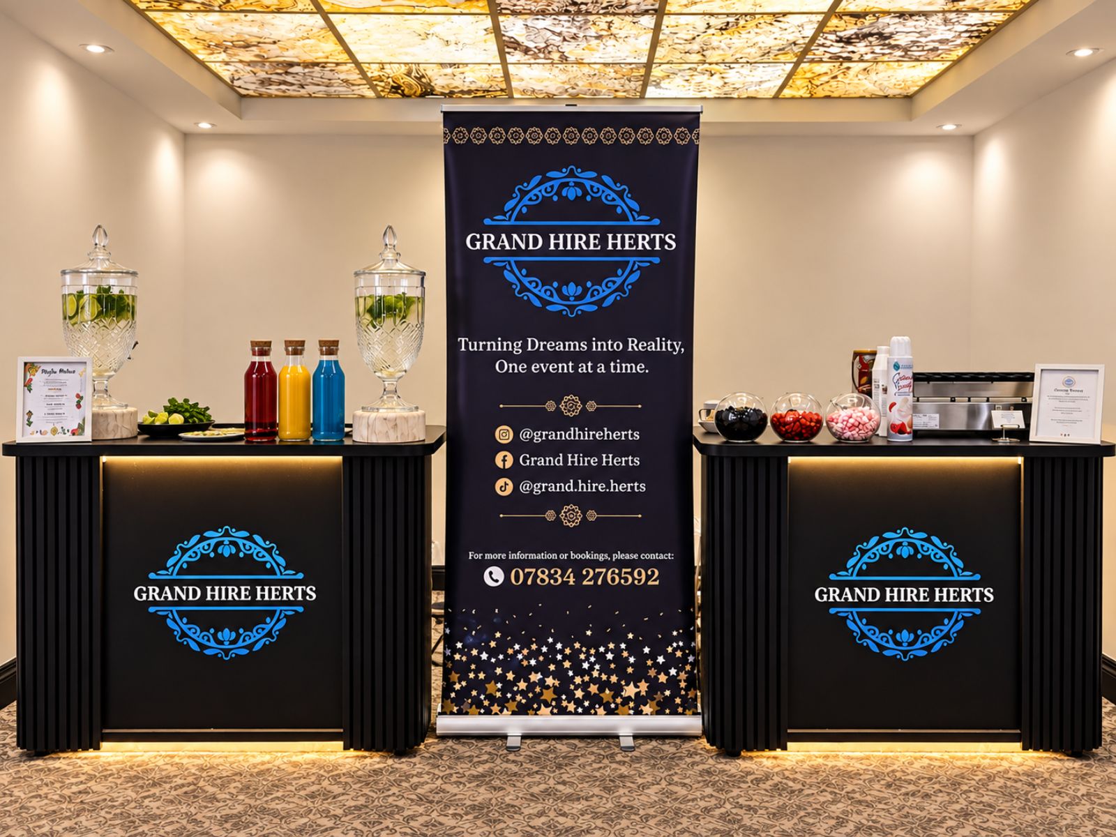 Two branded serving counters arranged with drinks and a central information banner.