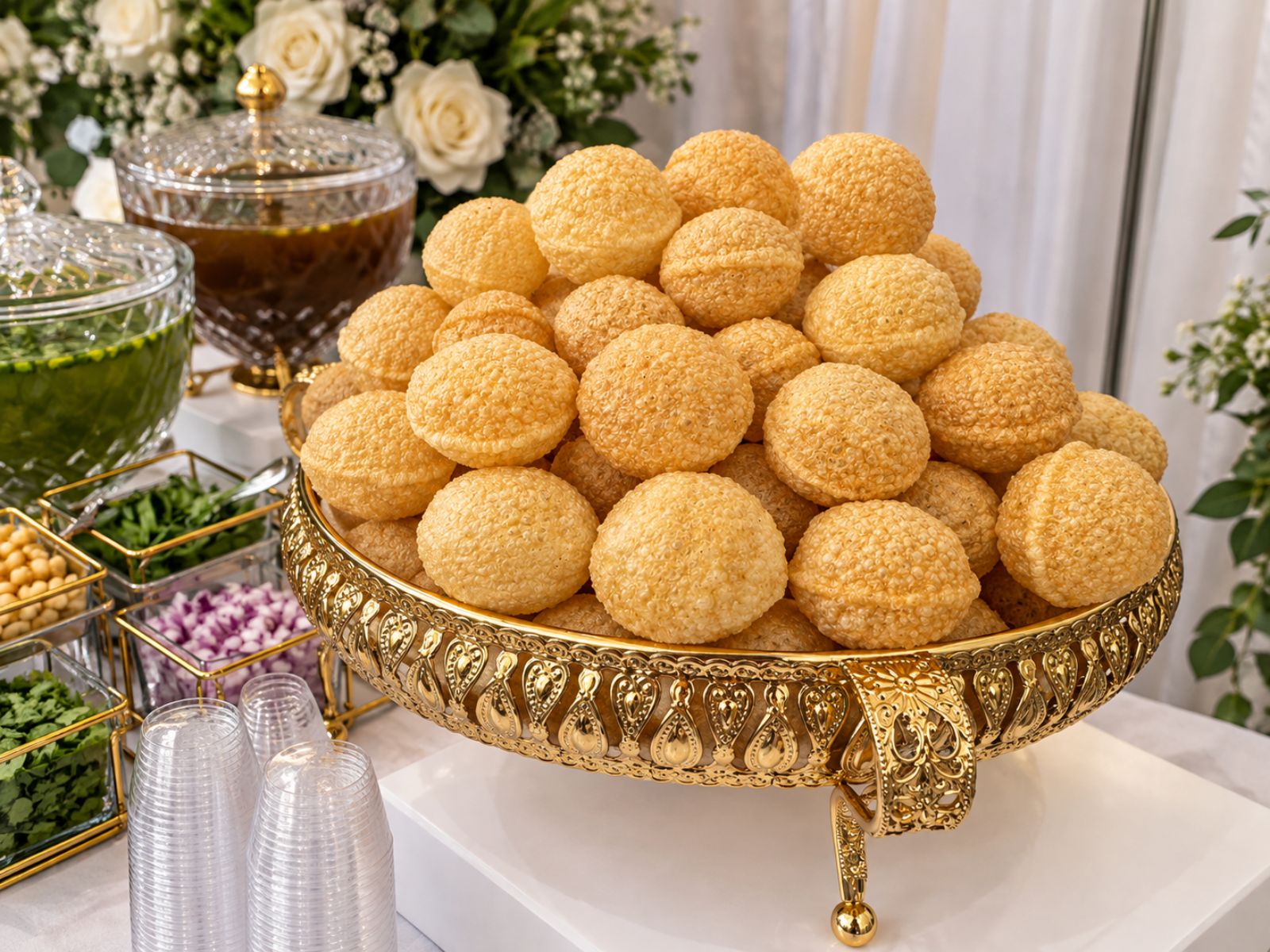 Pani puri arranged on a gold serving stand with chutneys and garnishes.
