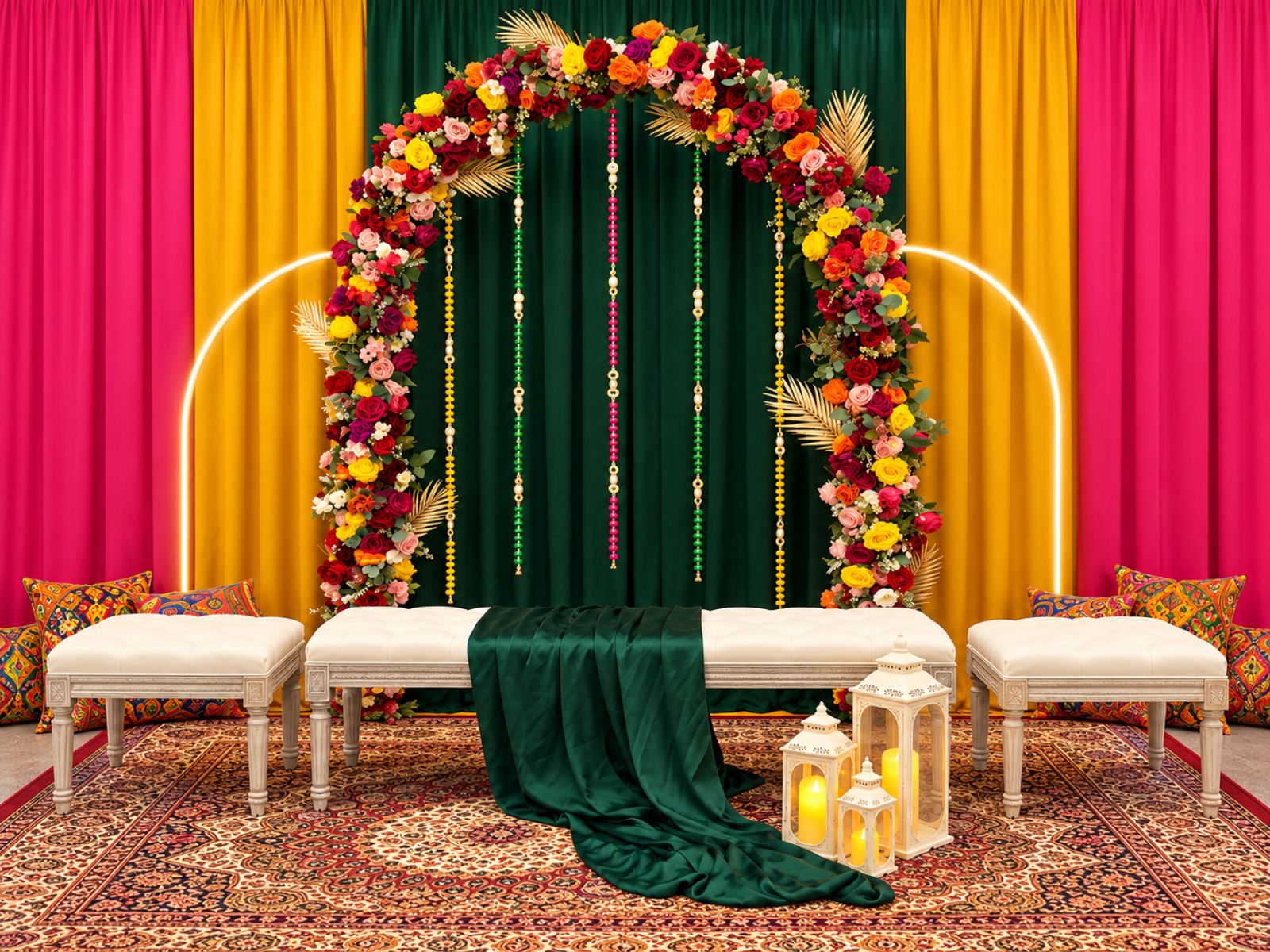 Green and pink floral stage with coordinated seating and draping.
