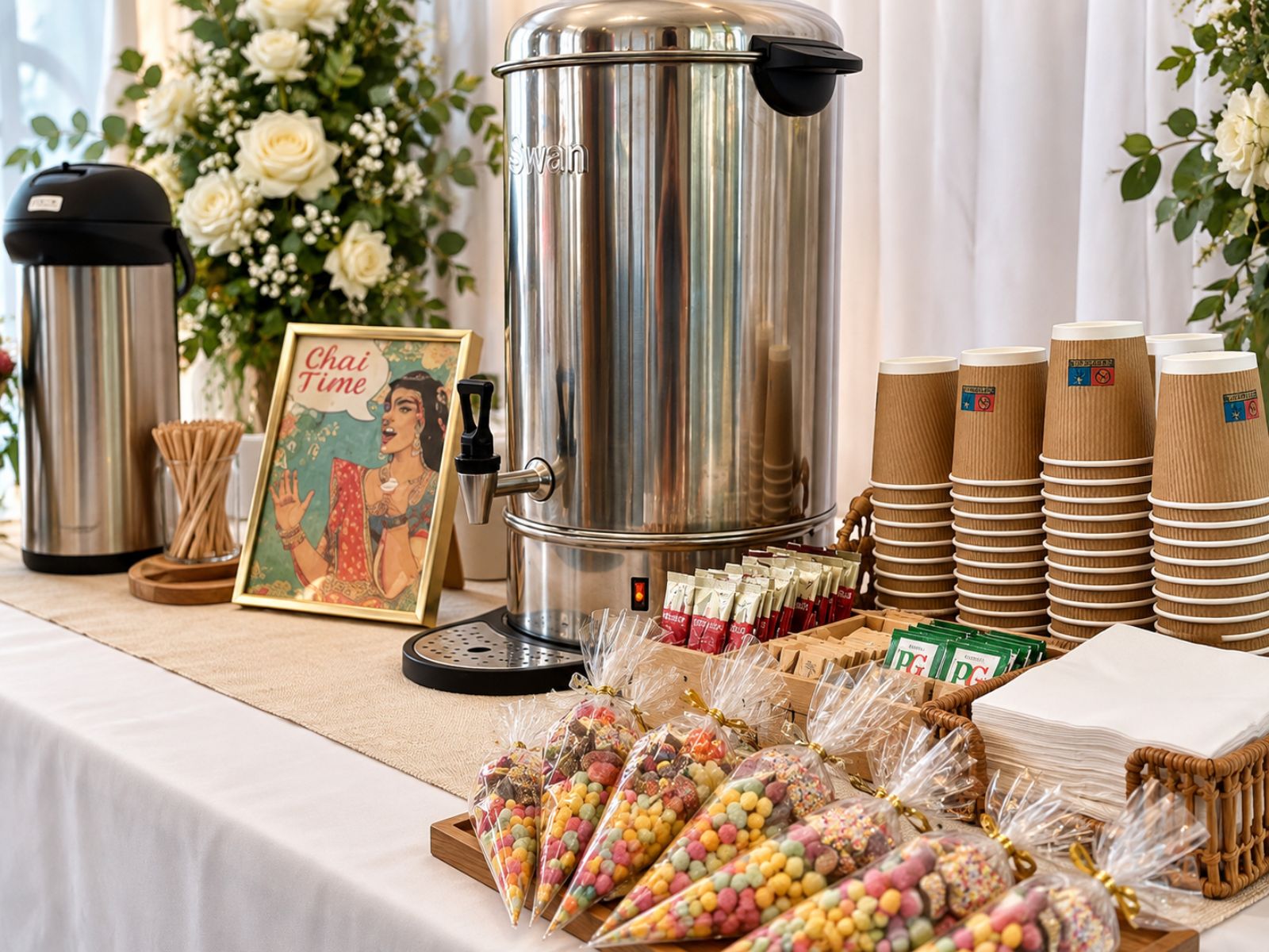 Hot-drinks station arranged with urns, cups, flowers and serving supplies.