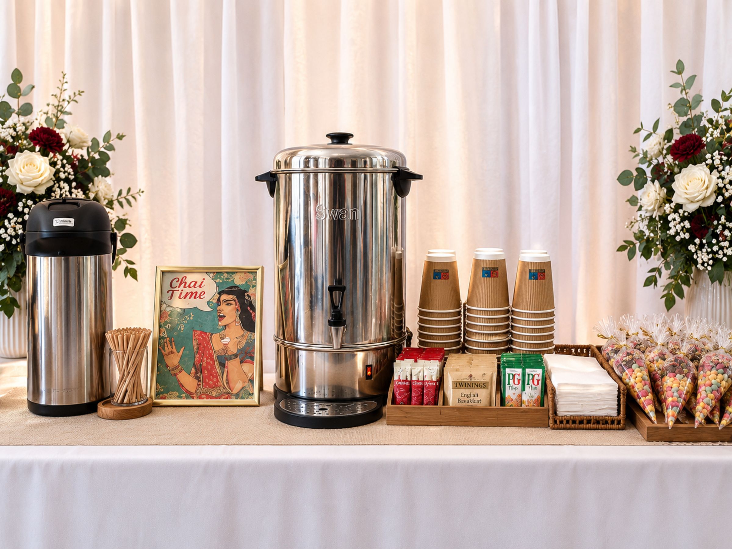 Hot-drinks station arranged with urns, cups, tea, coffee and flowers.