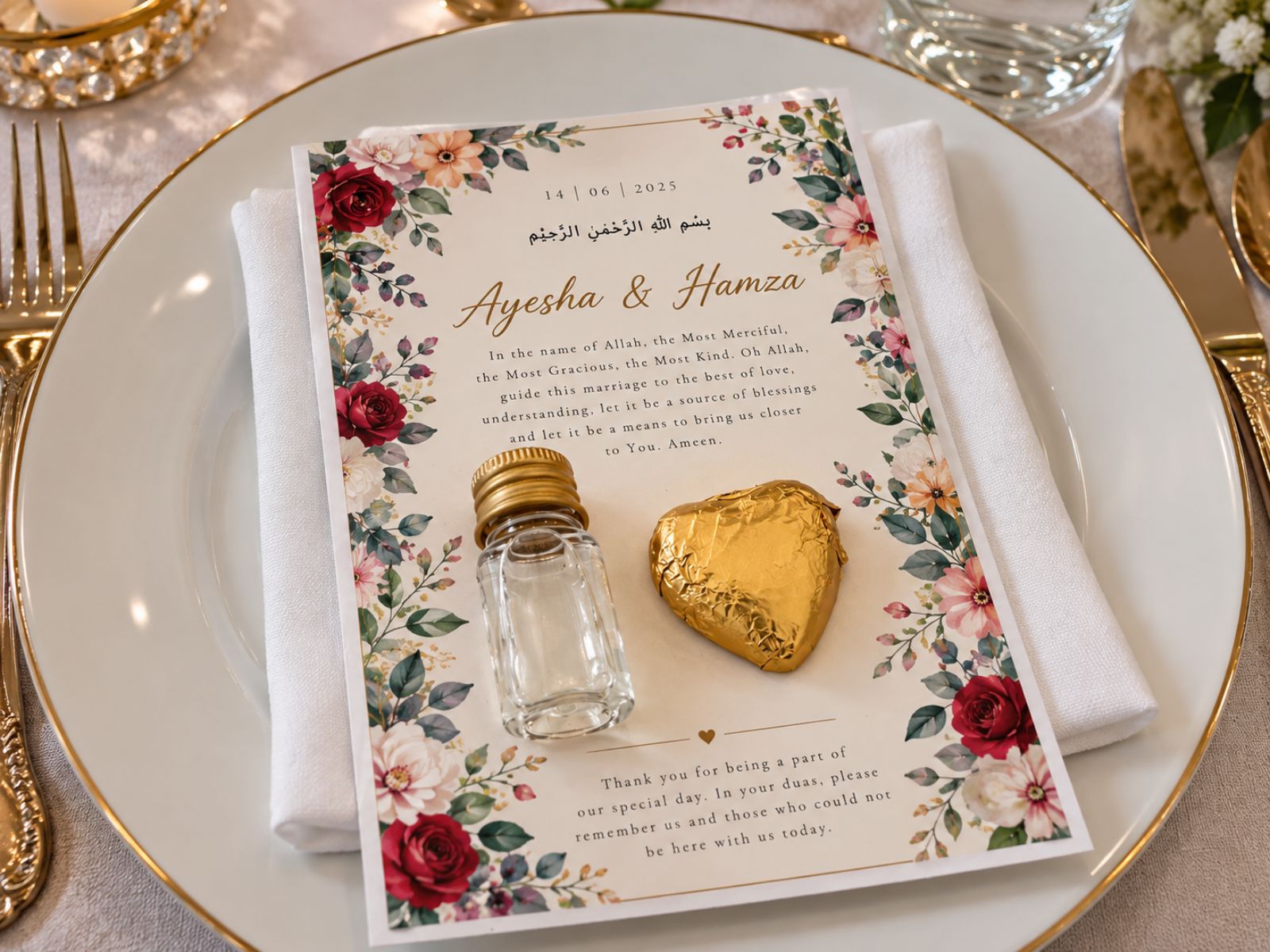 Small bottled wedding favour and wrapped sweet presented at a place setting.