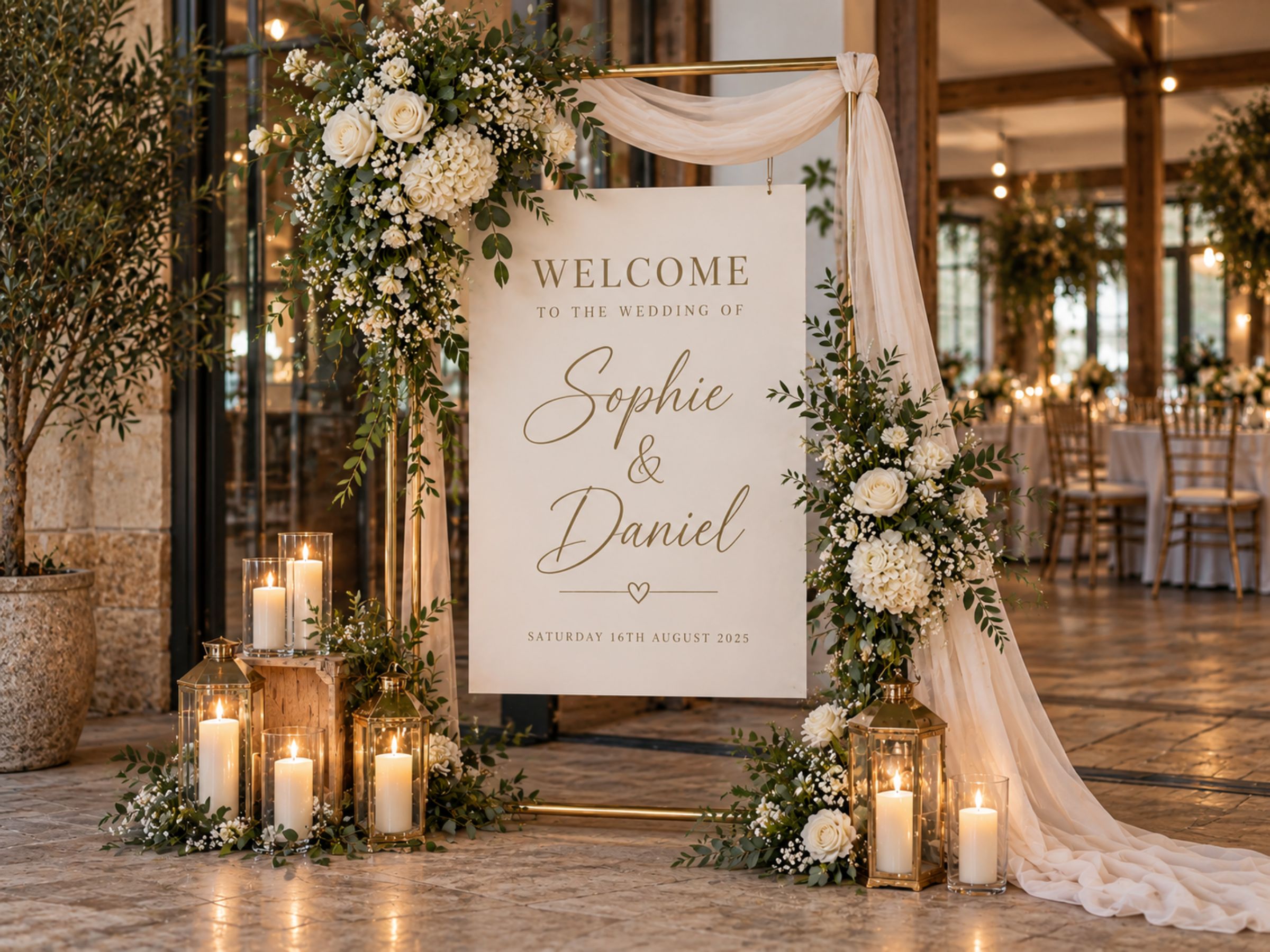 Floral wedding welcome sign arranged with white draping and candle lanterns.